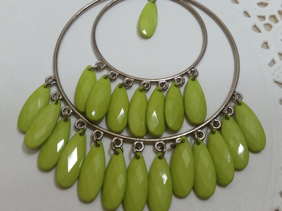 Vintage Boho Large Lime Green Beaded Hoop Danglin… - image 2