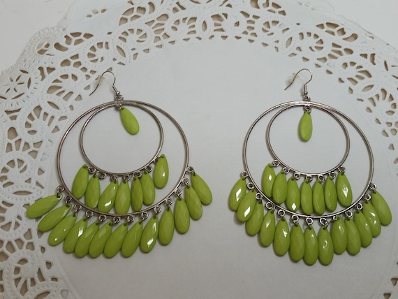 Vintage Boho Large Lime Green Beaded Hoop Danglin… - image 1