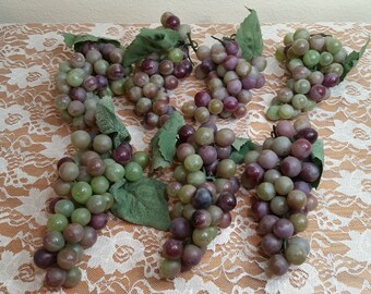 1 Faux Grape Cluster/Bunch (6 Available in Purple/Green with Fabric Leaves), about 6.5in L x 3in W; Ornamental Fruit, Artificial Grapes