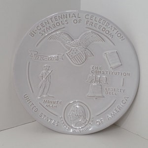 Vintage Frankoma Stoneware USA Bi-Centennial 1776-1976 Symbols of Freedom Commemorative Plate/Wall Hanging; No Return or Exchange