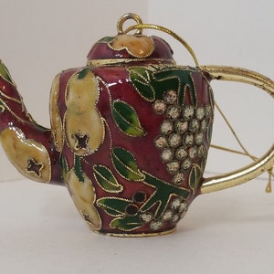 Cloisonne Teapot Christmas Ornament, Maroon with Ivory/Tan Fruit, Irridescent Berries, Green Leaves, and Gold Accents, No Return/Exchange