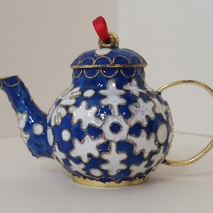 Cloisonne Teapot Christmas Ornament, Cobalt Blue with White Snowflakes and Flowers, Gold Accents, No Return/Exchange on This Item