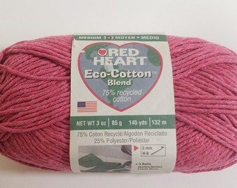 1 Skein Red heart Eco-Cotton Blend, Rose, 3oz/85g, 145y/132m, Med 4, 75% Recycled Cotton, Machine Wash/Dry