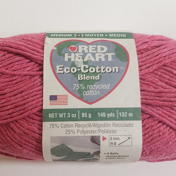 1 Skein Red heart Eco-Cotton Blend, Rose, 3oz/85g, 145y/132m, Med 4, 75% Recycled Cotton, Machine Wash/Dry