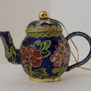 Cloisonne Teapot Christmas Ornament, Cobalt Blue with Flowers and Green Leaves, No Return/Exchange on This Item