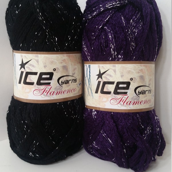 1 pelote (6 pelotes disponibles en violet/argent) laine à volants flamenco Ice, 30 m, 100 g