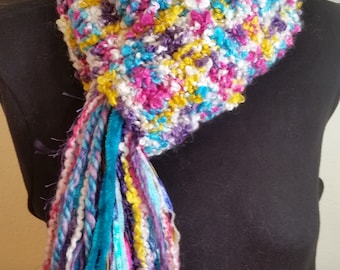 Hand Knitted Scarf with Fringe, About 4.5 inches x 64 inches, Colorful Scarf