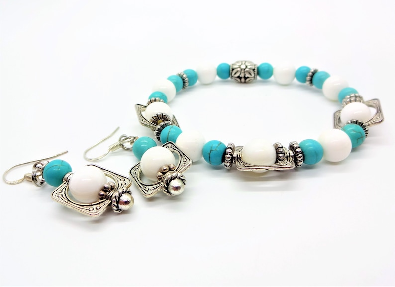 Handcrafted with Magnesite Turquoise Silver Flower Necklace Earrings and Bracelet Set White Jade /& Silver Beads