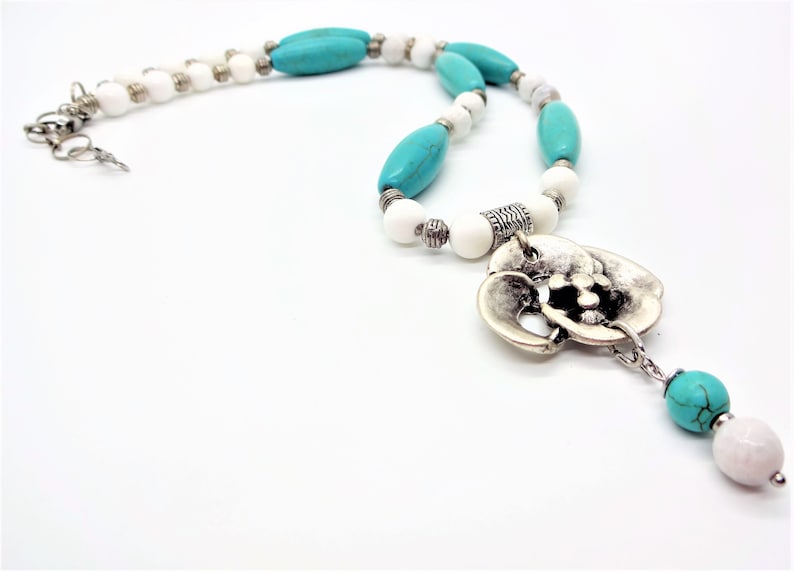 Handcrafted with Magnesite Turquoise Silver Flower Necklace Earrings and Bracelet Set White Jade /& Silver Beads