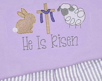 Girls He is Risen Easter Outfit - Girls bunny cross lamb Easter Outfit - Girls seersucker shorts - Easter outfit for girls - Lamb Outfit