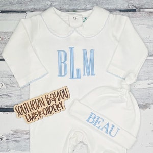 Baby boy outfit for hospital - Baby boy monogram footie - Baby boy blue embroidered coming home outfit - Personalized baby monogram outfit