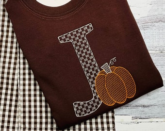 Boys monogram pumpkin outfit - boys fall outfit - Toddler boy initial shirt - toddler boy pumpkin outfit - boy brown gingham pants outfit
