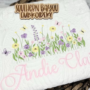 Baby Heirloom Flowers Nursery Quilt - Custom Embroidered Baby Quilt Blanket - Baby Embroidered Gift - Baby Girl Quilt with Wild Flowers
