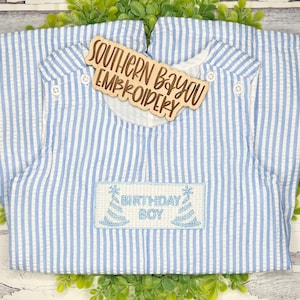 Birthday boy outfit - Birthday hat Jon Jon - Faux smock embroidered Jon Jon - Faux smock birthday Jon Jon - Boy seersucker monogram outfit