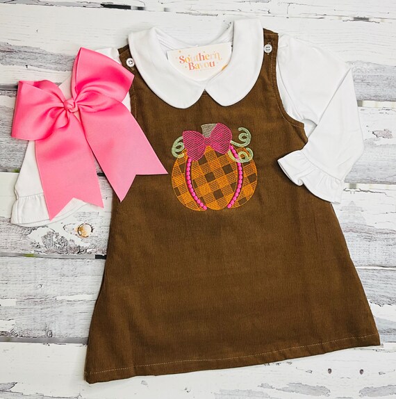 girls fall pumpkin outfit - Toddler pumpkin girls dress - girls pumpkin jumper - brown corduroy dress - girls thanksgiving outfit