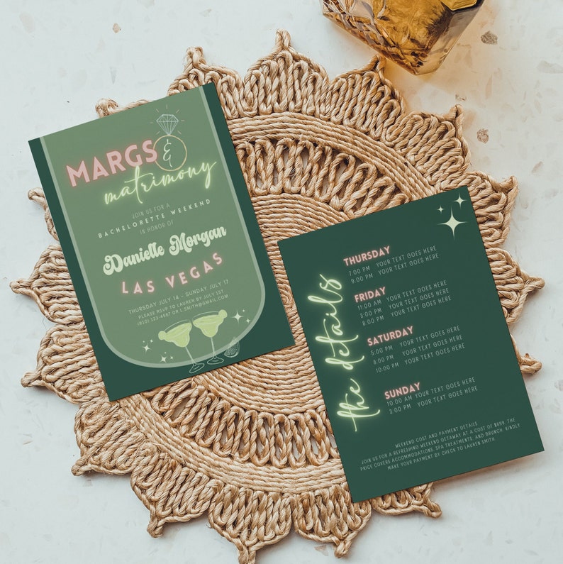 May include: Two dark green bachelorette party invitations with the text "MARGS & matrimony" and "Danielle Morgan Las Vegas". One card lists event details. The cards are on a woven placemat.
