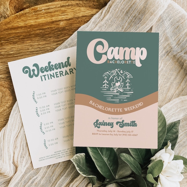 Camp Bachelorette Party Invitation and Itinerary Template Retro Camping Bachelorette Girls Weekend Invite Hiking Lake Bachelorette Mountain