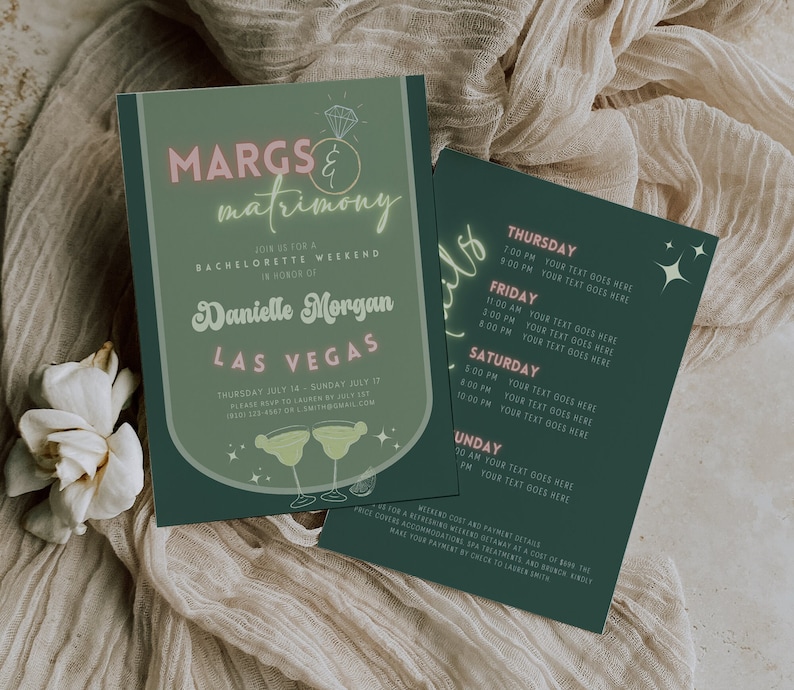May include: Two-piece invitation suite for a bachelorette weekend in Las Vegas. The main invitation is olive green with pink and white text, including the words "Margs & Matrimony" and the name "Danielle Morgan." The second card lists the weekend's schedule.