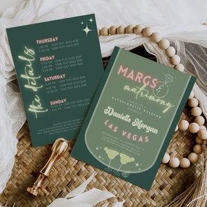 May include: Two dark green bachelorette party invitations with white and pink text. One card lists event details, the other says "Margs & Matrimony" and includes the bride's name and location. A gold wax seal and wooden beads are in the background.
