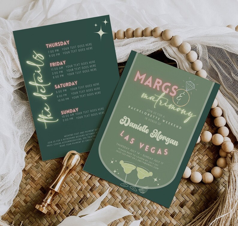 May include: Two dark green bachelorette party invitations with white and pink text. One card lists event details, the other says "Margs & Matrimony" and includes the bride's name and location. A gold wax seal and wooden beads are in the background.