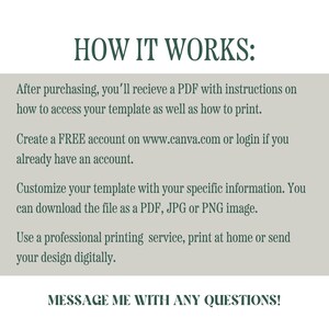 May include: A graphic with the text "HOW IT WORKS:" in dark green. The text describes the steps to access and customize a template, including creating a free account on Canva and downloading the file as a PDF, JPG, or PNG image. The graphic ends with "MESSAGE ME WITH ANY QUESTIONS!"