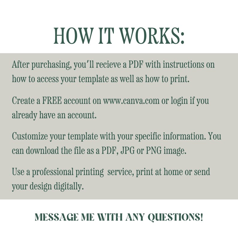May include: A graphic with the text "HOW IT WORKS:" in dark green. The text describes the steps to access and customize a template, including creating a free account on Canva and downloading the file as a PDF, JPG, or PNG image. The graphic ends with "MESSAGE ME WITH ANY QUESTIONS!"