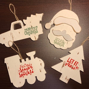 White Washed Wooden Christmas Ornaments | Set of 4 Wooden Ornaments | Shaped Christmas Ornaments | Santa Ornament | Tree Ornament |