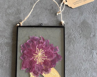 Preserved Peony Frame | Pressed flower artwork | 5x7” Pink Peony Float Frame | Queen of flowers decor | Floral Wall Hanging | Gold leaf art