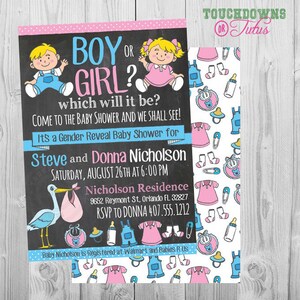 Tarjetas de invitación para revelar el género Invitaciones de brunch para revelar el género Invitación personalizada para revelar el género de niño o niña Descargar cigüeña azul rosa bebé