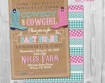 Cowgirl or Cowboy Gender Reveal Party Invitation Printable, Cowboy or Cowgirl Gender Reveal Party Invites, Rustic