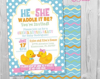 He or She Gender Reveal Invitation, He or She Gender Reveal Party Invitation Waddle it Be, Rubber Duck Gender Reveal Party Ideas Baby Reveal