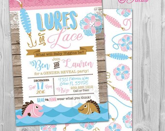 Fishing Gender Reveal Invitation, Lures or Lace Gender Reveal Invitation Printable,  Fishing Gender Reveal Party Invite, Fish Gender Reveal