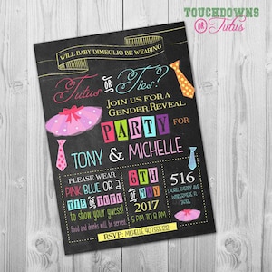Tutus ou cravates d'invitation de révélation de sexe, cravates d'invitation de partie de révélation de sexe de ballerine ou partie de révélation de sexe de baby shower de tutus petit homme
