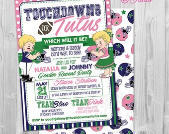 May include: A gender reveal party invitation with a pink and green color scheme. The invitation features a football and a tutu, with the text "Touchdowns or Tutus?" and "Which will it be?" The invitation also includes the names Natalia and Johnny, the date May 21st, and the time 4:00 pm. The invitation is for a gender reveal party at Stinson Stadium, 14358 White Moss Ln, Winter Garden, FL. The invitation also includes the text "Bring a pack of diapers for a raffle!" and "Team Blue" and "Team Pink".