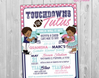 Touchdowns or Tutus Invitation, African American, Touchdowns or Tutus Gender Reveal Invitations, Football Gender Reveal Invitation