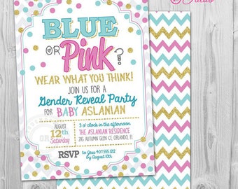 Baby Reveal Invitations Pink or Blue Gender Reveal Party Invitations Printable, Gold, Blue or Pink Gender Reveal Invitation Pink or Blue