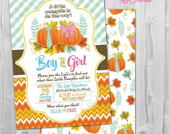 May include: A gender reveal party invitation with a pumpkin theme. The invitation features two pumpkins, one with a blue bow tie and the other with a pink bow. The text on the invitation reads "A little pumpkin is on the way!" and "Boy or Girl?" The invitation also includes the date, time, and location of the party.