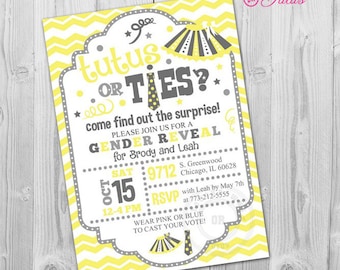 Convite para festa de revelação de gênero com tutus ou gravatas, convite para festa de revelação de gênero, gravatas Chevron amarelas ou tutus, convite para festa de revelação de gênero, homenzinho