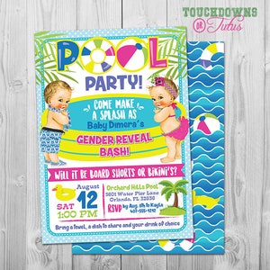 Summer Gender Reveal Party Invitation, Printable Boardshorts or Bikini Pool Party Invite, Summer Party Invitation, Boardshort or Bikini&#39;s