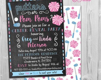 Golf Gender Reveal Invitation Putters or Pom Poms Gender Reveal Invitation Golf Gender Reveal Party Invitation Cheerleader Gender Reveal