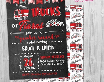 Gender Reveal Invitation Printable, Fire Trucks or Tiaras Gender Reveal Invitation Firetruck Baby Shower, Chalk Firetruck Gender Reveal