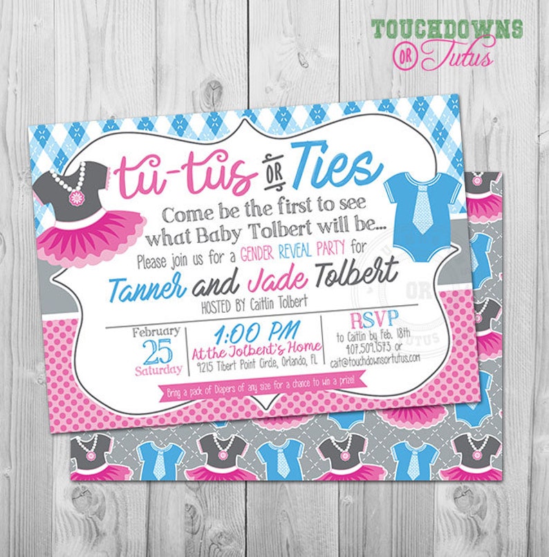 Gender Reveal Invitation Printable, Tutus or Ties Gender Reveal Invitation Email Download Ties or Tutus Gender Reveal Party Invite Printable image 1