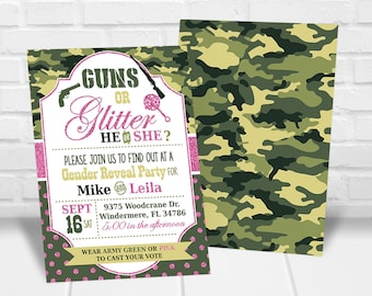 Army Gender Reveal Party Invitation Camo Gender Reveal Invite Guns or Glitter Invitation, Printable Military Gender Reveal Party Digital