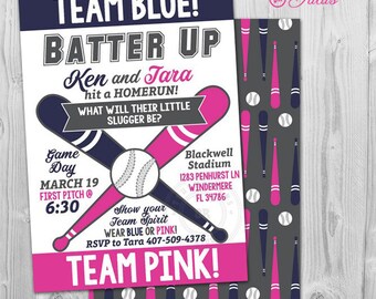 May include: A pink and blue baseball-themed gender reveal party invitation with the text "Team Blue! Batter Up" and "Team Pink!"  The invitation includes the names Ken and Tara, the date March 19, and the time 6:30. The invitation also includes the location Blackwell Stadium, 1283 Penhurst Ln, Windermere, FL 34786. The invitation includes the text "Show your Team Spirit Wear Blue or Pink!" and the RSVP number 407-509-4378.