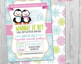 Invito a tema pinguino per rivelare il sesso del bambino, invito a tema pinguino per la festa di rivelazione del sesso del bambino, inviti a tema pinguino, idee per inviti per rivelare il sesso del bambino