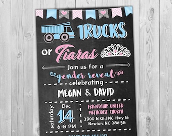 Trucks or Tiaras Gender Reveal Invitation Printable, Gender Reveal Party Invitation Idea, Gender Reveal Chalkboard Invitation Pink or Blue