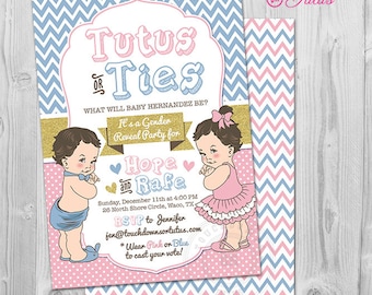 Gravatas ou tutus para convite de revelação de gênero, tutus ou gravatas para convite de revelação de gênero para impressão, rosa e azul, rosa ou azul, convite para festa de revelação de gênero