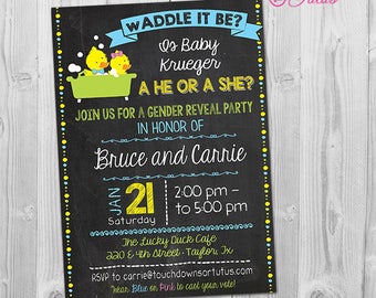 Waddle it Be Gender Reveal Invitation, Rubber Duck Gender Reveal Party Invitation Printable, Digital Chalkboard Baby Reveal Invite