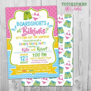 Summer Gender Reveal Invitation Printable Pool Party Gender Reveal Invitation Beach, Boardshorts or Bikinis Invitation Digital Download