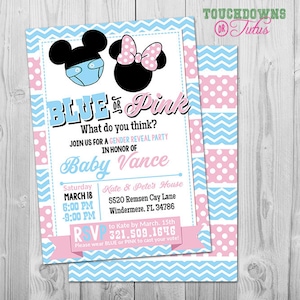 Invitación para revelar el género de Mickey, invitación imprimible para revelar el género de Minnie o Mickey, invitaciones para fiesta de revelación de bebé, azul o rosa